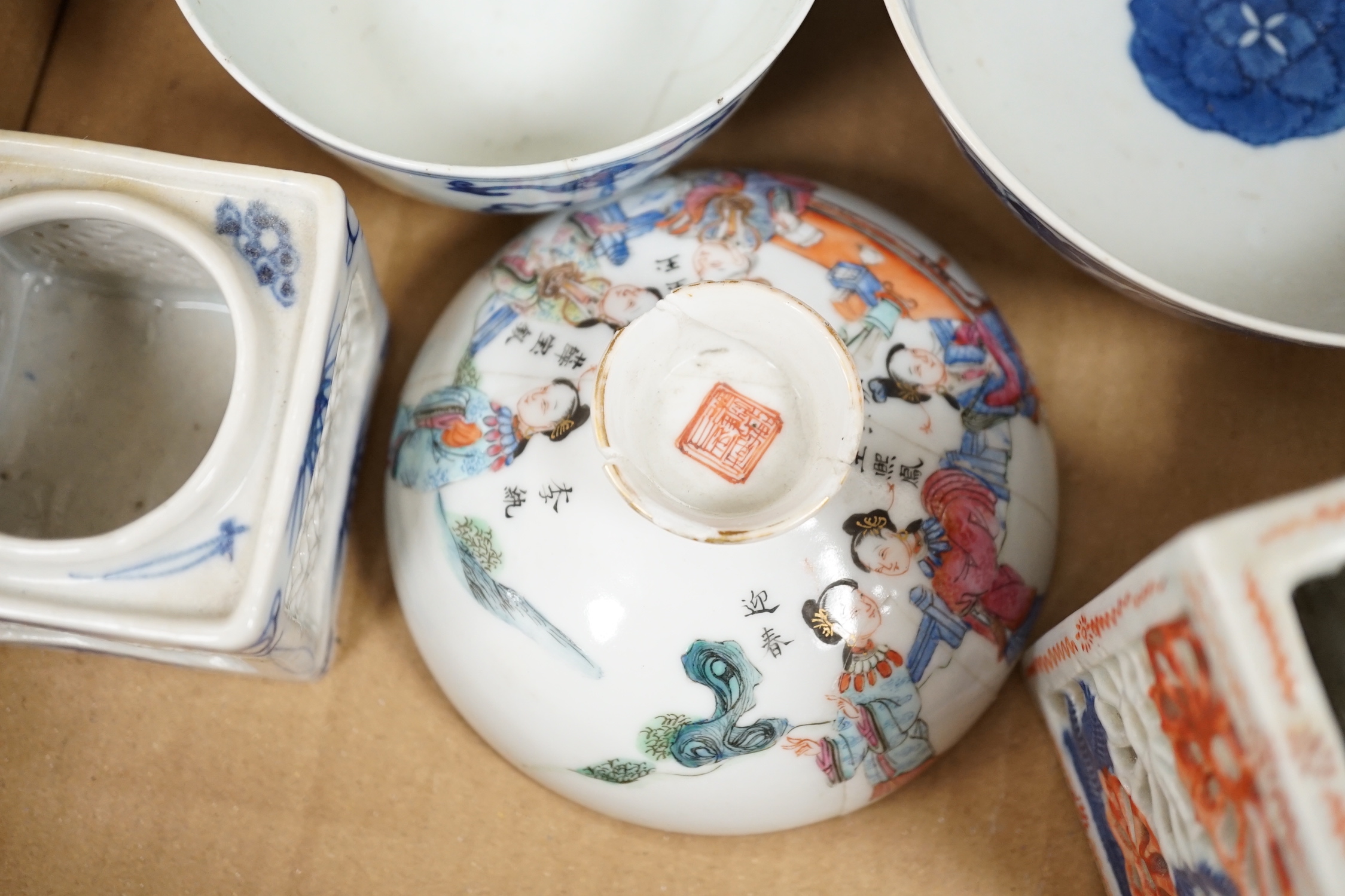 A collection of mostly Chinese blue and white bowls, plates, cups etc. 18th to early 20th century